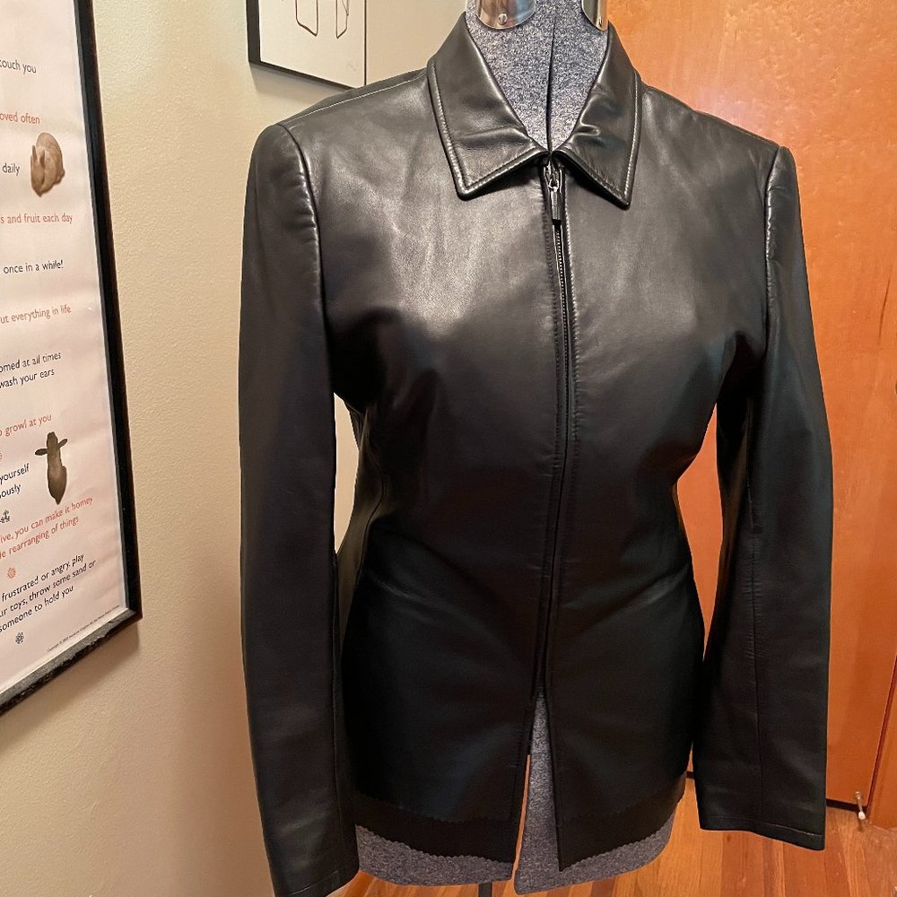 Mint Escada Lamb Leather Jacket, scallop hem Sz 42